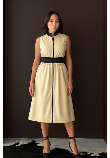 Kadın Dik Yaka Önü Fermuarlı Yırtmaçlı Baharlık Yazlık Beli Lastikli Şık Ceket Elbise Bej