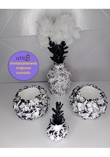 Siyah Beyaz Dekoratif Biblo Mumluk Vazo Takımı Çiçekler Dahildir Siyah Beyaz