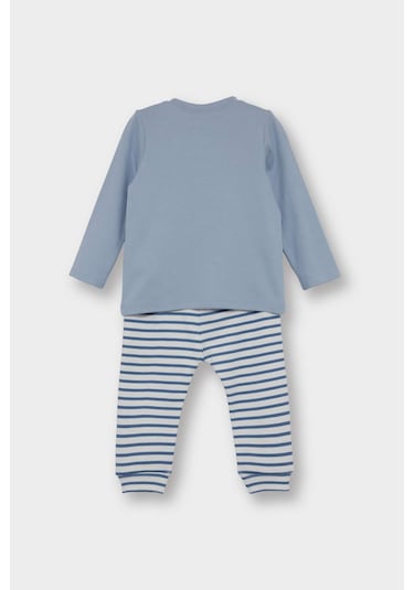 Defacto Erkek Bebek 3lü Takım Kapüşonlu Düğmeli Hırka Baskılı Uzun Kollu Tişört Çizgili Alt F2210a525aube88 Mavi