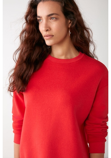 Vaneltına  Kadın Içi Polarlı 3 Iplik Organik Pamuk Oversize Basic Bisiklet Yaka Kırmızı Sweatshirt