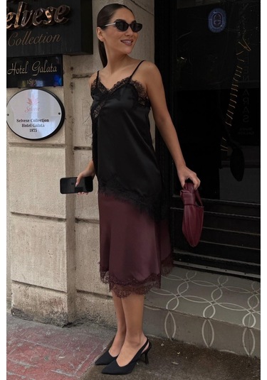 Madmext Siyah Dantelli Asimetrik Kesim Saten Bluz Mg2694