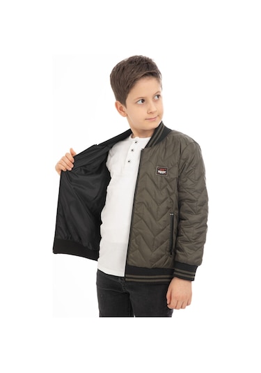 Erkek Çocuk Kolej Yaka İçi Astarlı Su Ve Rüzgar Geçirmez Fermuarlı Cep Mont Ceket Haki