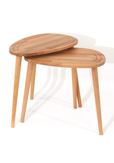 Sweet Naturel Renk Masif Doğal Ahşap Yan Sehpa 2'li Zigon Sehpa