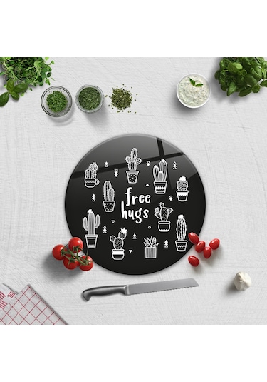 Decorita Cam Kesme Tahtası | Free Hugs - Siyah Fon | Çap32