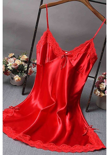 Merry See Dantelli Kısa Saten Gecelik Kırmızı 001