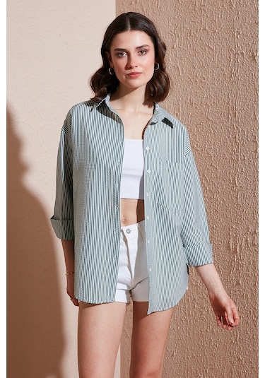 Lela Regular Fit Uzun Kollu Cepli Çizgili Bayan Gömlek 6772895 Yeşil
