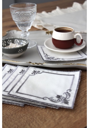 Köşeli 6'lı Kokteyl Kahve Sunum Peçetesi Nakış İşlemeli Gardenya Sunumluk Gri