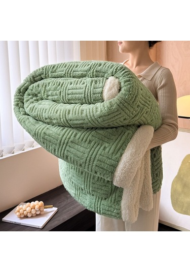 Kalınlaştırılmış Pamuklu Kadife Kuzu Kürkü Battaniye Öğle Uyku Örtüsü Green Wood Green