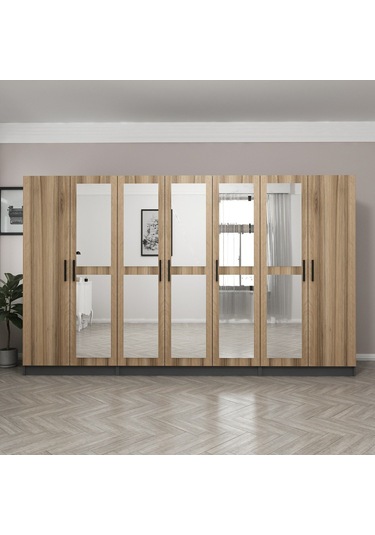 Minar Kale 7 Kapaklı 5 Aynalı 2 Çekmeceli Dolap Antrasit Dore 190cm Çok Renkli