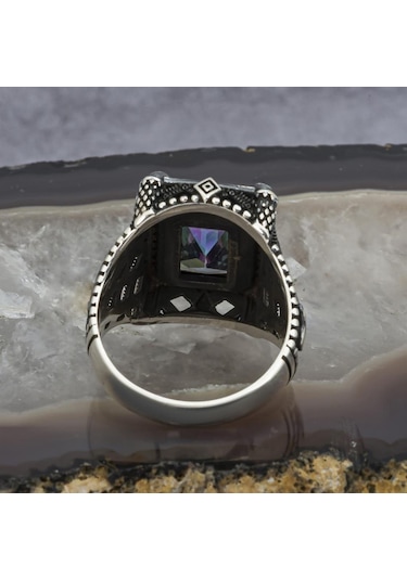 Zülfikar Desenli Kare Mistik Topaz Taşlı 925 Gümüş Erkek Yüzük