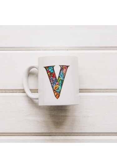 V Harfi Bardak 330 Ml İsme/harfe Özel Hediye, Renkli Harf Tasarım Beyaz