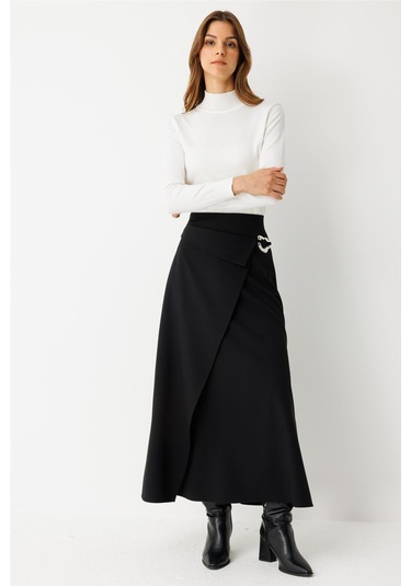 Toka Detaylı Anvelop Kapamalı Etek Siyah Siyah