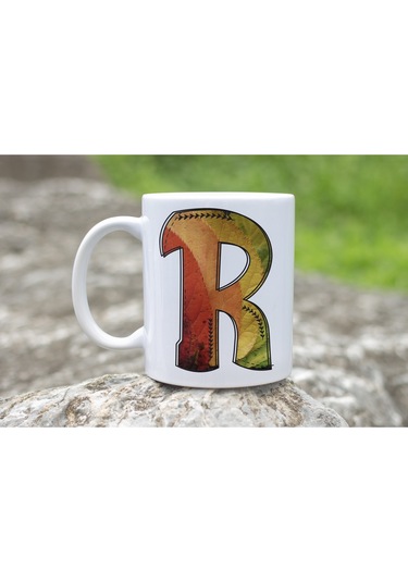 R Harf Yaprak Renkleri İle Kupa Bardak - Kişiye Özel Alfabe Harfli Bardak - Hediye Beyaz