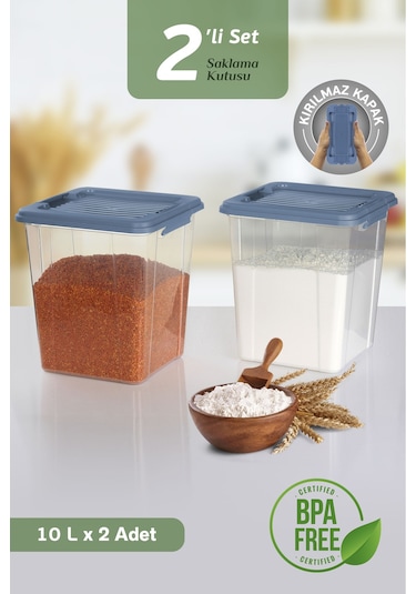 2'li Mega Organizer Box 10l - Un Bakliyat Erzak Saklama Kabı Kilit Kapaklı Deterjan Düzenleyici Kutu Mavi