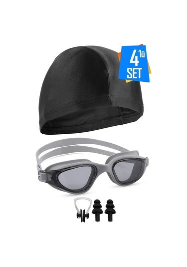 4lü Set Swimmer Pro Buğu Yapmaz Havuz Deniz Yüzücü Gözlüğü Boneli Tıkaçlı Uv Korumalı Yüzme Gri - Siyah