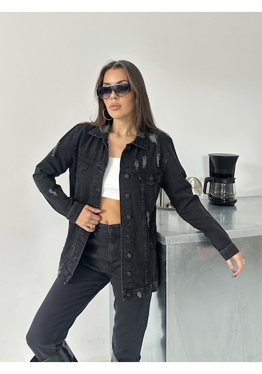 Blue Marlin Kadın Siyah Lazer Yirtik Detayli Boyfriend Kot Ceket Siyah