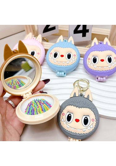 Labubu Çok İşlevli Anahtarlık Dekoratif Sevimli Kızlar İçin Taşınabilir Mini Ayna Pembe