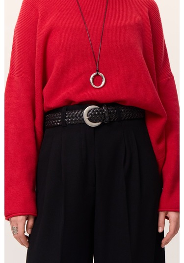 Örgü Deri Tokalı Kemer Siyah Siyah