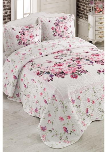 Örtüm Birdy Çift Kişilik Yatak Örtüsü Takımı Pembe - Beyaz