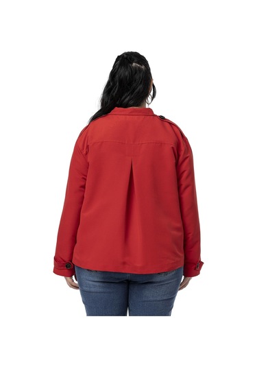 Büyük Beden Dik Yaka Kapaklı Torba Cepli Astarlı Kısa Kırmızı Trençkot Kırmızı