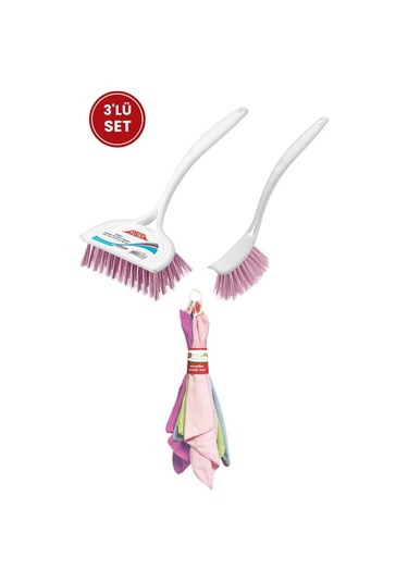 Flora 3 Lü Temizlik Seti, F367 Bulaşık Fırçası + F388 Lavabo Küvet Fırçası + F222 Mikrofiber Bez Seti