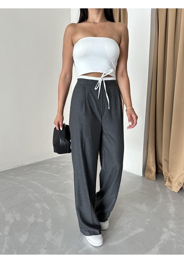 Antrasit Bel Bantı Detaylı Yan Fermuarlı Pantolon Antrasit