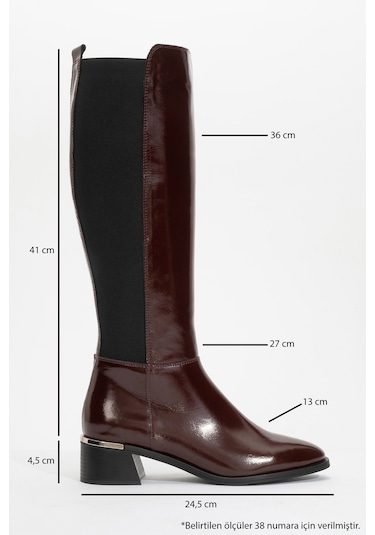 Rochos Bordo Rugan Streç Detaylı Hakiki Deri Kadın Çizme Bordo Rugan Deri