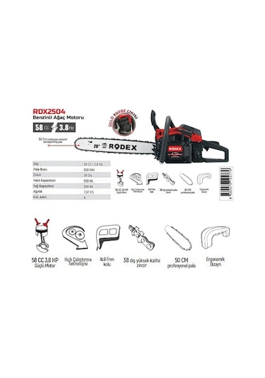 Rodex Rdx2504 Benzinli Hızar Ağaç Kesme Motoru 50 Cm 38 Diş