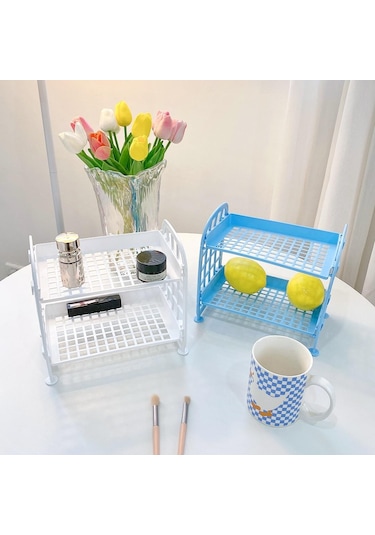 Mor Kawaii Çift Katmanlı Depolama Rafı Masaüstü Katlanır Makyaj Kutusu Raf Raf Kozmetik Depolama Bitirme Yurdu Banyo Mor