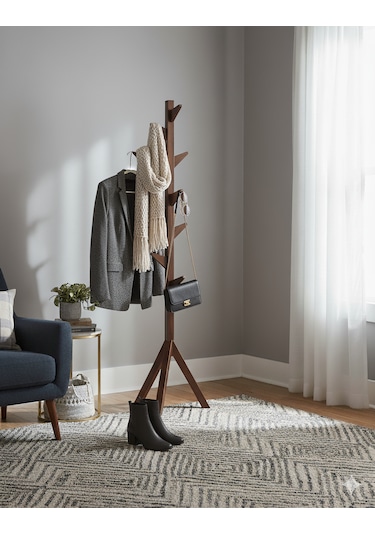 Ahşap Ayaklı Askılık Modern Elbise Askısı Kahverengi