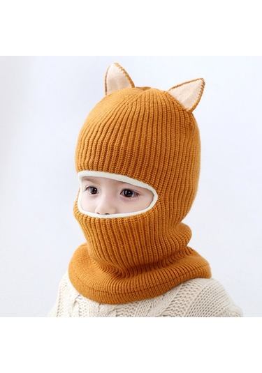 Hqgoodstore Sonbahar Ve Kış Yeni Moda Basit Saf Renk Çocuklar Sevimli Küçük Tilki Kulakları Artı Kadife Kalın Sıcak Örgü Yapışık Şapka Sarı Turuncu Küçük Tilki Kulakları Turuncu