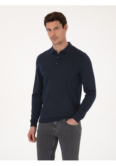 Cacharel Lacivert Slim Fit Yün Karışımlı Polo Yaka Basic Triko Kazak