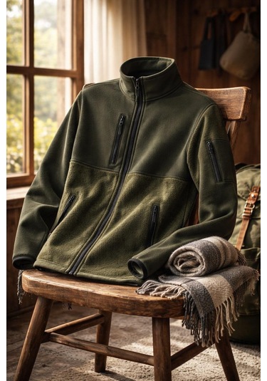 Vatan Tekstil Slim Fit Erkek Tam Fermuarlı Dik Yaka 4 Cepli Polar Softshell Garnili Haki