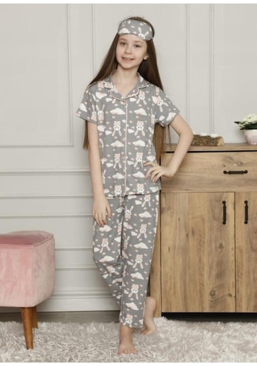 Kız Çocuk Bulut Tavşan Baskılı Kısa Kollu Pijama Takımı Göz Bandı Dahildir 3 Parça Gri Bulut Gri
