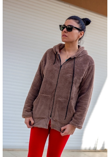 Kadın Vizon Peluş Kalın Fermuarlı Kapüşonlu Cepli Ceket 23kcktmy50 001