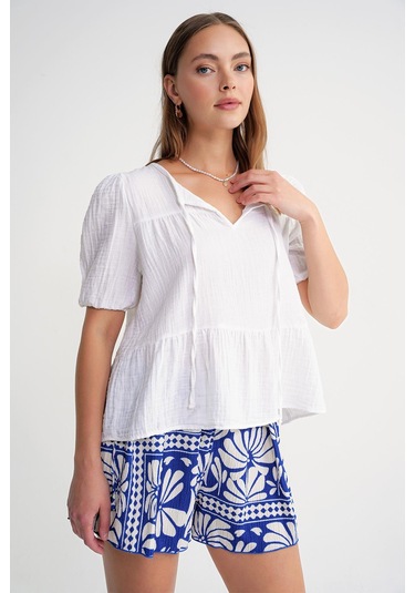 4715 Kadın Yakası Bağlamalı Kısa Kol Müslin Bluz Beyaz Beyaz