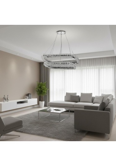Elentra 2 Katlı Kristal Taşlı Ledli Avize Krom