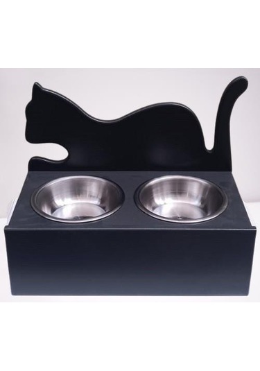 Hobi Erc Model 90375 Küçük Kedi Mama Su Kabı Mdf Antrasit Renk Paslanmaz Tabak