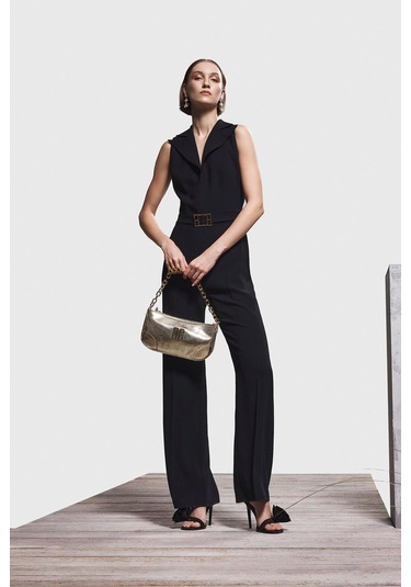 Explosion Kadın Kemeri Gold Metal Logolu Yakalı Bol Paça Şık Tulum 72254 Siyah