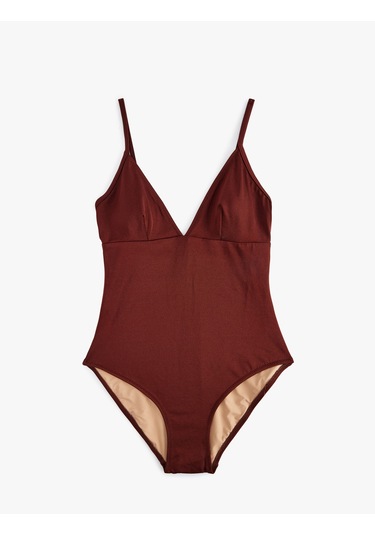 Koton Astarlı V Yaka İnce Askılı Mayo Kahverengi 5sak20042mm Kahve Kahverengi