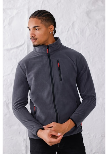 Monox Erkek Biyeli Fermuarlı Spor Polar Ceket Füme