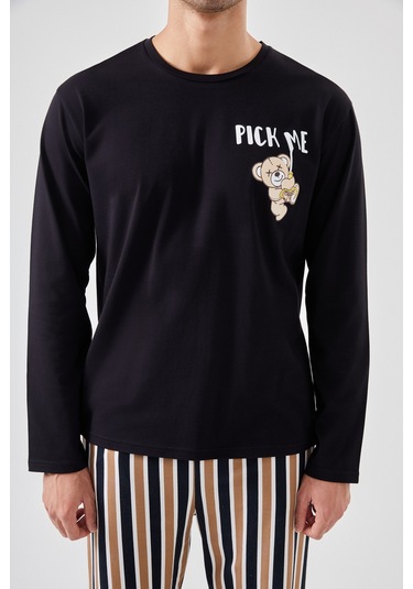 Erkek Pamuklu Uzun Kollu Üst Astronot Baskılı Alt Çizgili Pijama Takımı Ke30106 Siyah