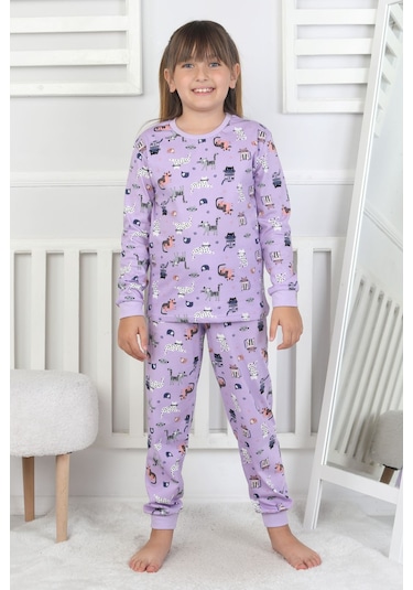 Uzun Kollu Cute Cat Desenli Kız Çocuk Pijama Takımı Mor