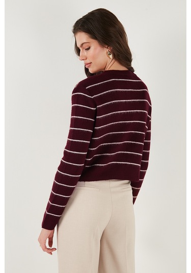Lela Standart Fit Çizgili Yumuşak Dokulu Crop Triko Bayan Hırka 4615551 Bordo