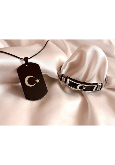 Ay Yıldız Türk Bayrağı Figürlü Çelik Kolye&bileklik Set Siyah