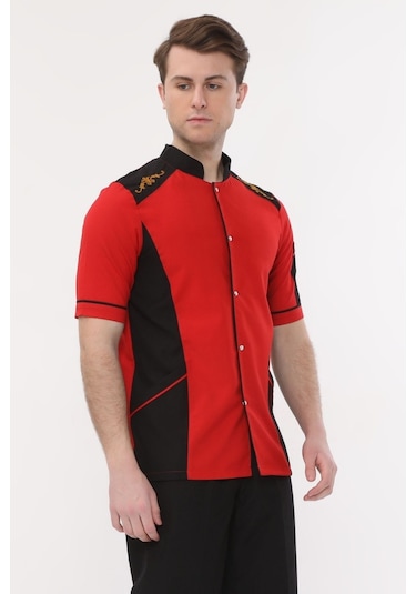 Uniprom Kısa Kollu Aşçı Ceketi Önlük Omuz Nakışlı Cepli Şef, Garson Kırmızı Siyah