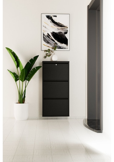 Kilitli 3 Kapaklı Metal Ayakkabılık Siyah Siyah