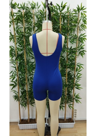 Modasize Kadın Kare Yaka Sırt Dekolte Detay Dalgıç Bodycon Mini Tulum Saks Mavi