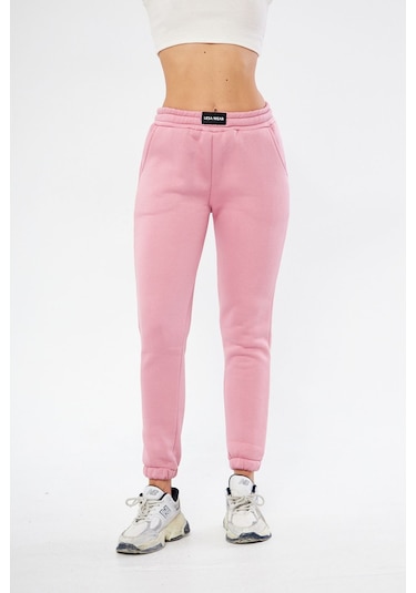 Lesa Wear Yüksel Bel Jogger Şardonlu Eşofman Altı Paçası Lastikli Pembe