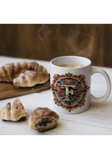 F Harfi Boho Bardak, Renkli Özel Tasarım Hediyelik Harfli Kupa, 330ml Porselen Beyaz